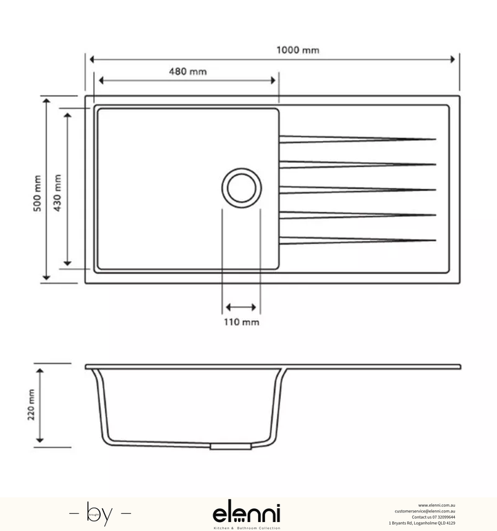 Vivaldi D100L Single Bowl Granite Sink with Drainboard 1000 x 500 x 220mm - Concrete Grey Elenni specification drawing