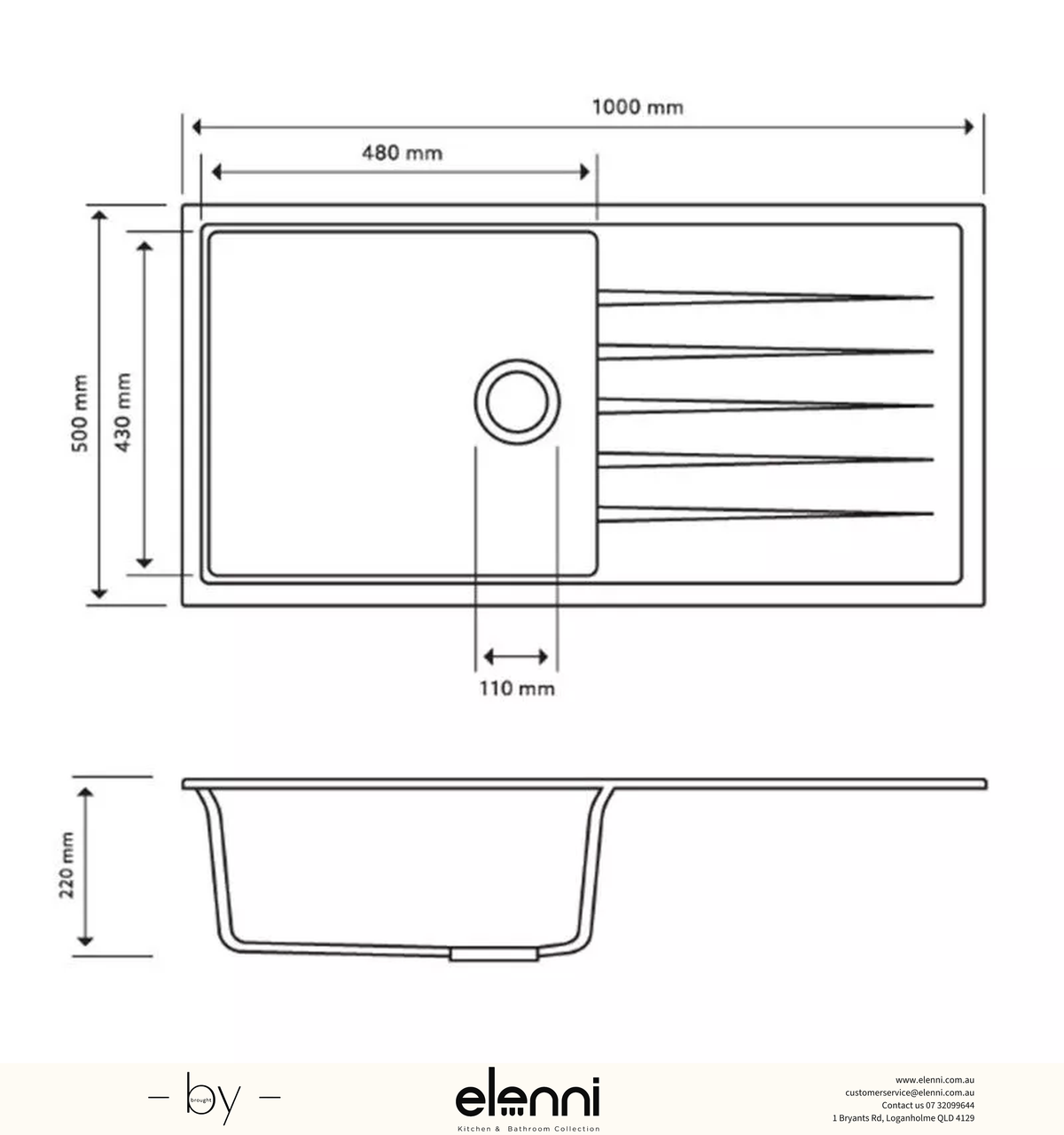 Vivaldi D100L Single Bowl Granite Sink with Drainboard 1000 x 500 x 220mm - Snova White Elenni specification drawing