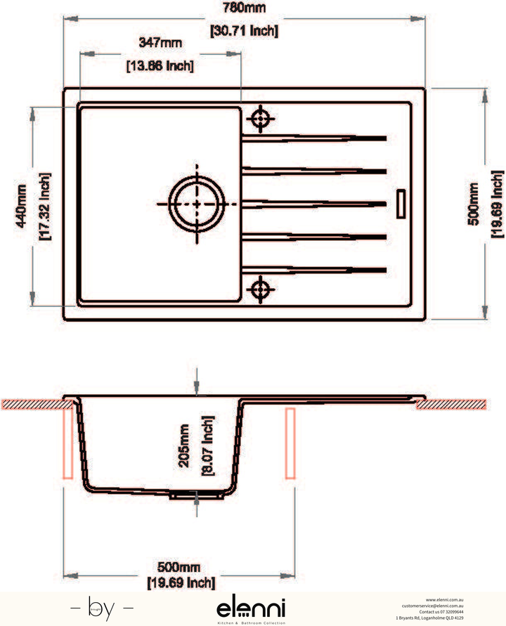 Vivaldi D100S Single Bowl Granite Sink with Drainboard 780 x 500mm - Snova White Elenni specification drawing