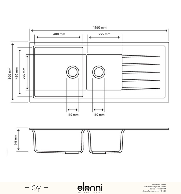 Vivaldi D200V Double Bowl Granite Sink with Drainboard 1160 x 500 x 205mm - Concrete Grey Elenni specification drawing