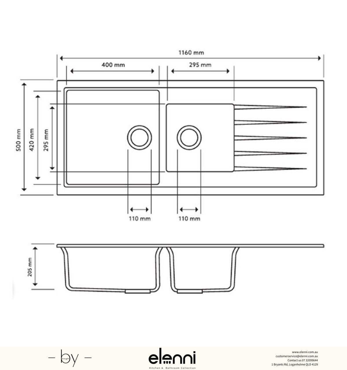 Vivaldi D200V Double Bowl Granite Sink with Drainboard 1160 x 500 x 205mm - Snova White Elenni specification drawing