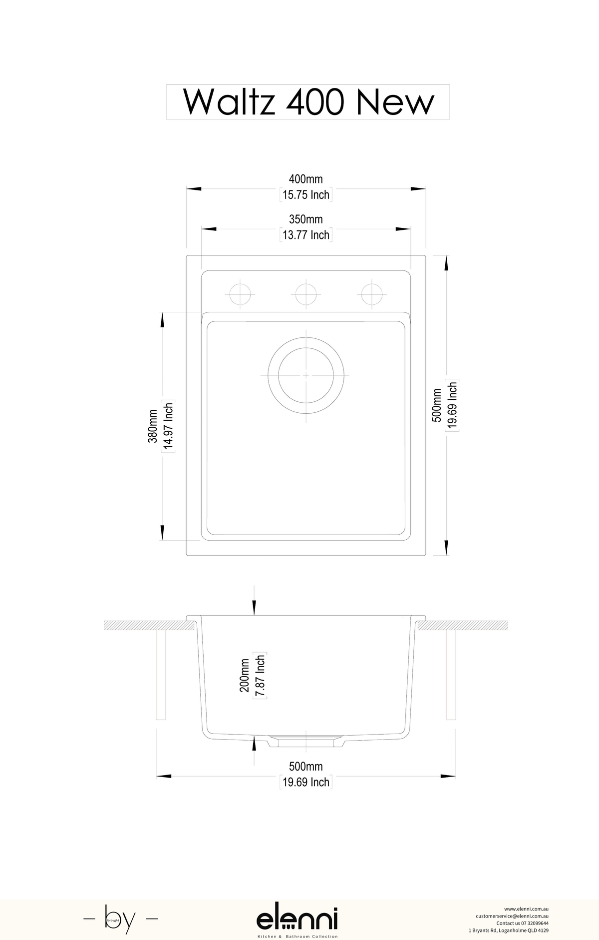 Waltz 400 Single Bowl Granite Sink 400 x 500mm - Deep Black Elenni specification drawing