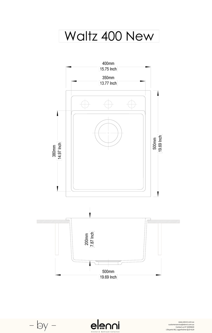 Waltz 400 Single Bowl Granite Sink 400 x 500mm - Deep Black Elenni specification drawing