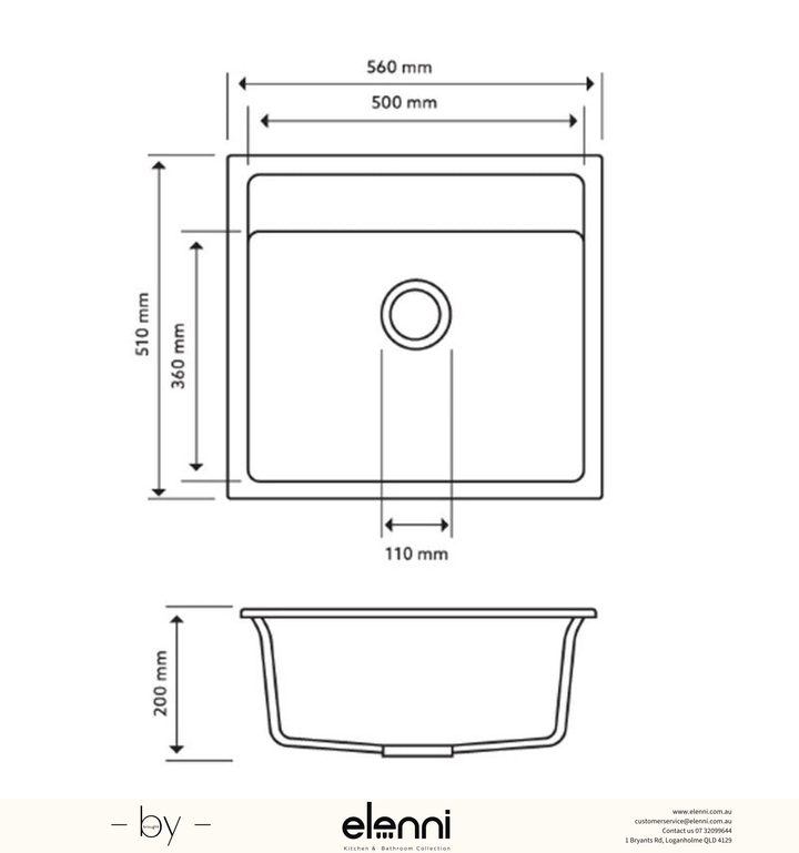 Waltz 560 Single Bowl Granite Sink 560 x 510 x 200mm - Concrete Grey Elenni specification drawing
