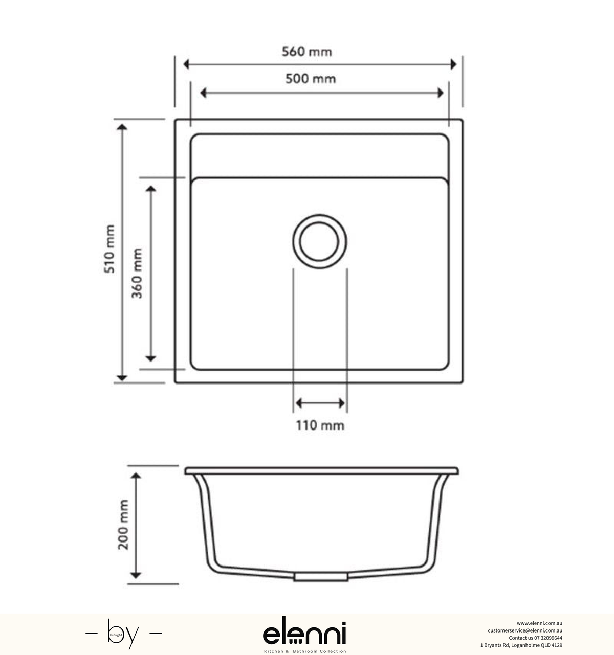 Waltz 560 Single Bowl Granite Sink 560 x 510 x 200mm - Deep Black Elenni specification drawing
