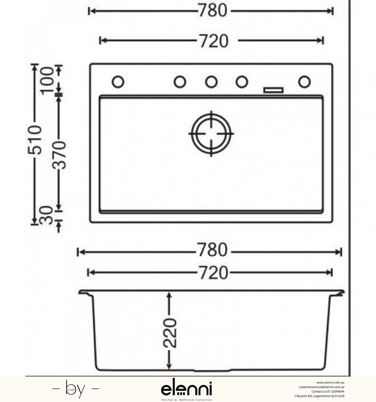 Waltz 780 Single Bowl Granite Sink 780 x 510 x 220mm - Concrete Grey Elenni specification drawing