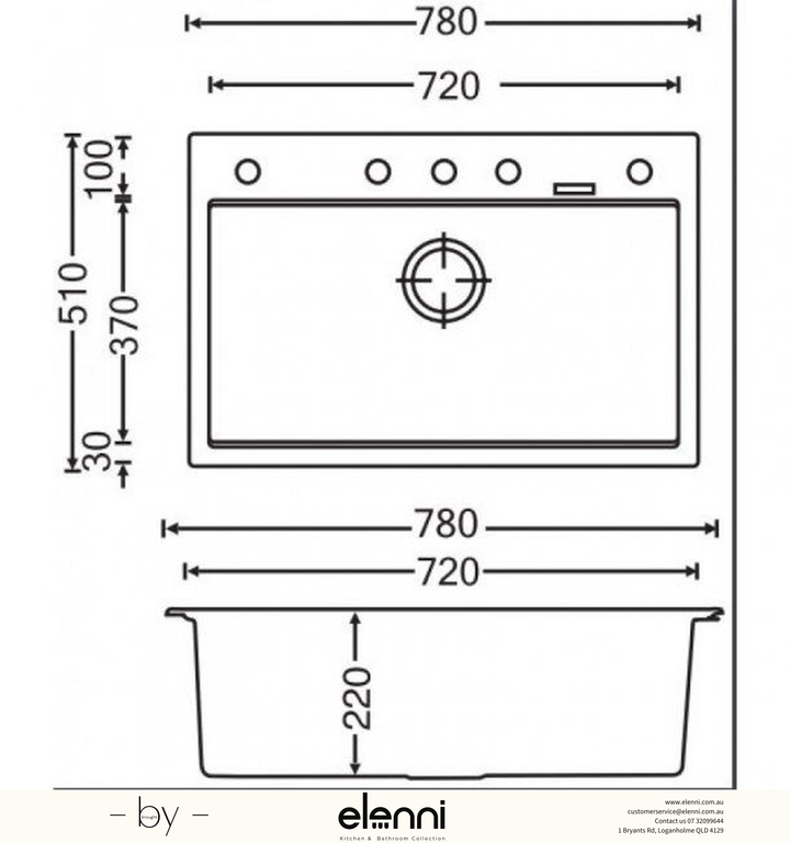 Waltz 780 Single Bowl Granite Sink 780 x 510 x 220mm - Deep Black Elenni specification drawing