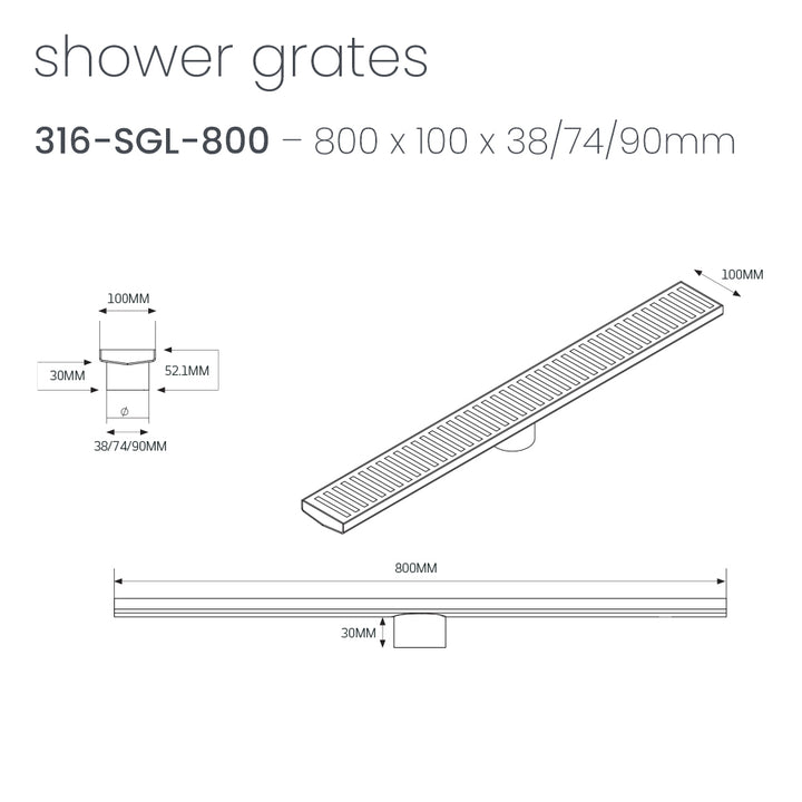 Linear Slotted Floor Grate - Radiant line drawing 316-SGL-800