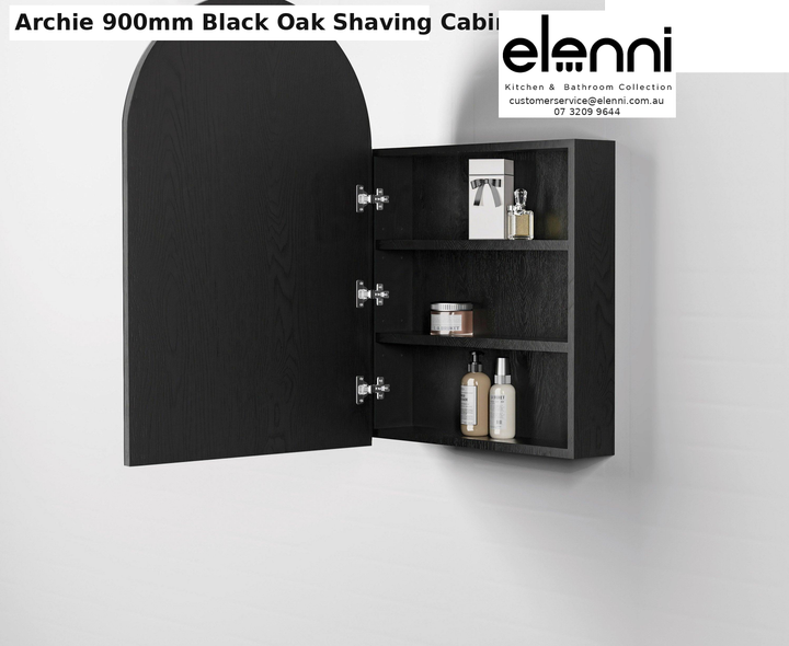 Elenni specification sheet - Archie 900mm Black Oak Shaving Cabinet