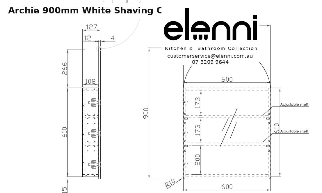 Elenni specification sheet - Archie 900mm White Shaving Cabinet