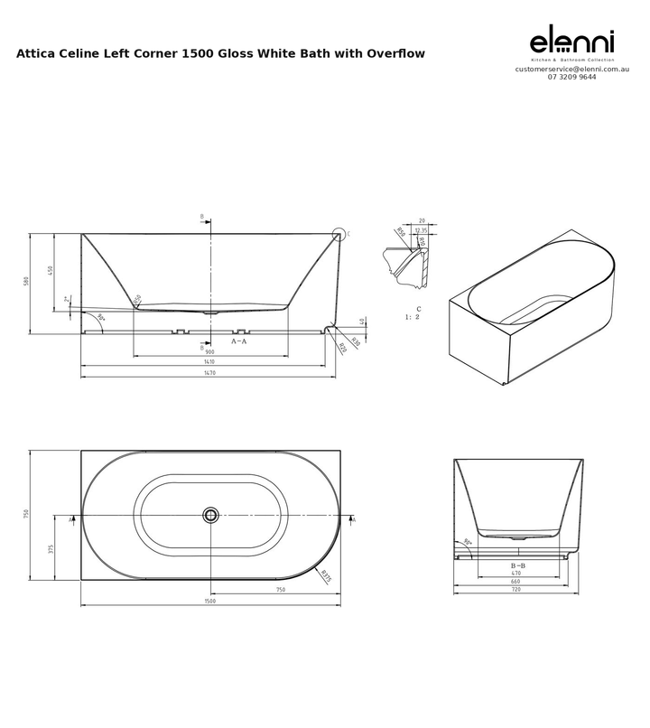 Specification diagram - Attica Celine Left Corner 1500 Gloss White Bath with Overflow