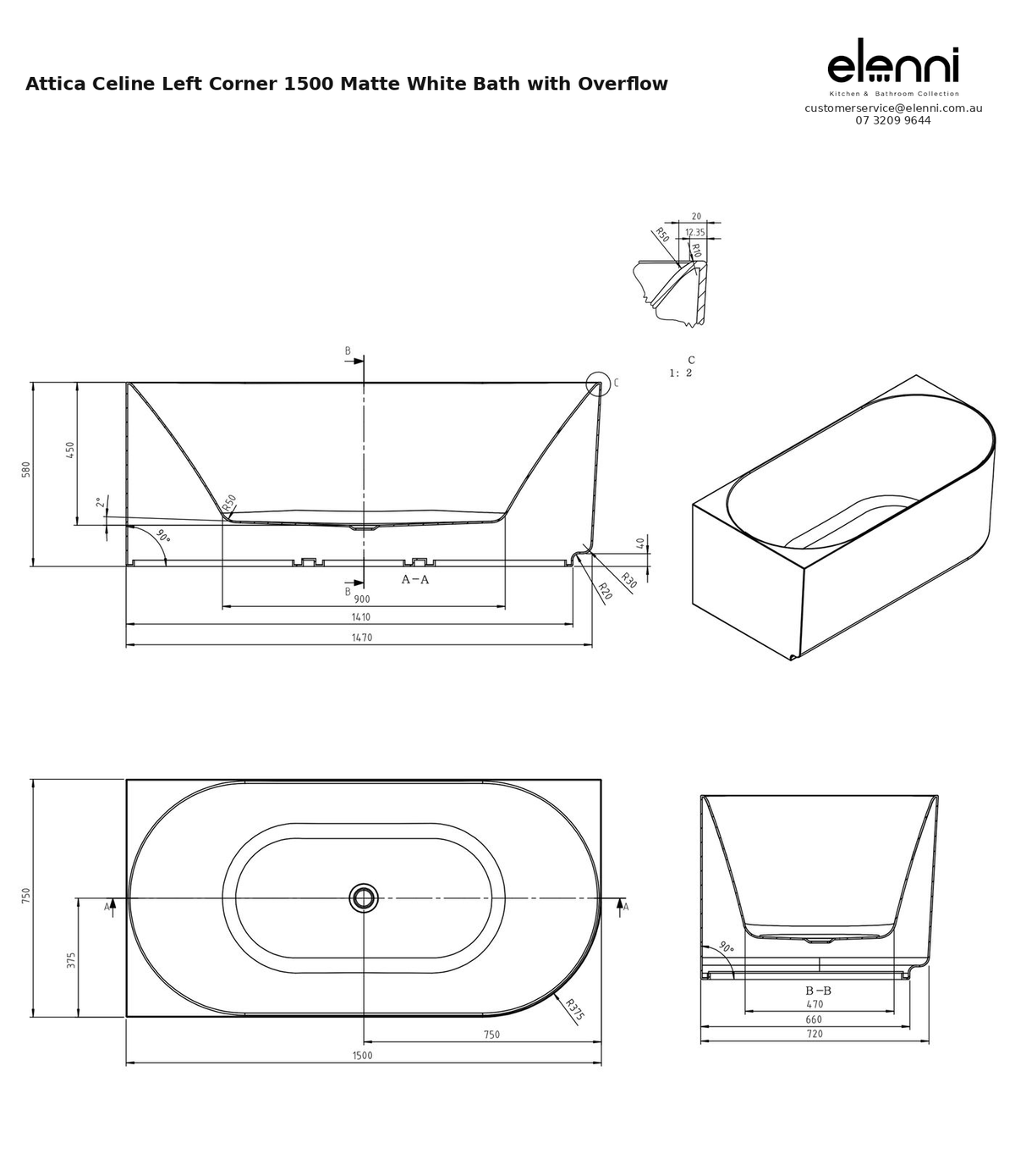 Specification diagram - Attica Celine Left Corner 1500 Matte White Bath with Overflow