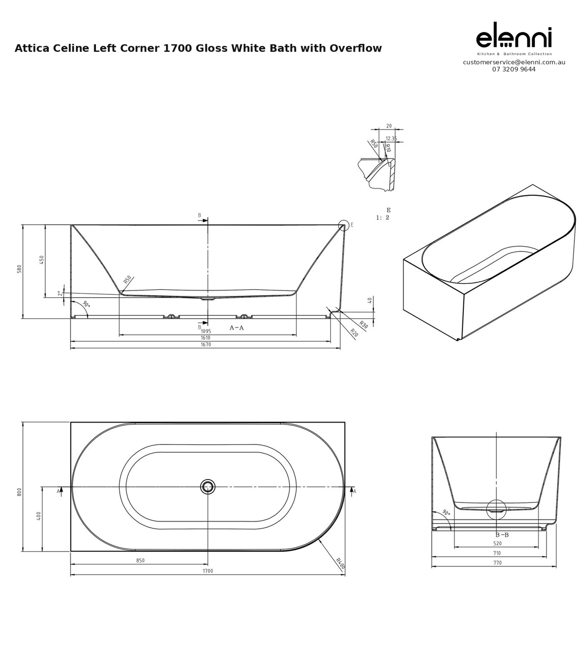 Specification diagram - Attica Celine Left Corner 1700 Gloss White Bath with Overflow