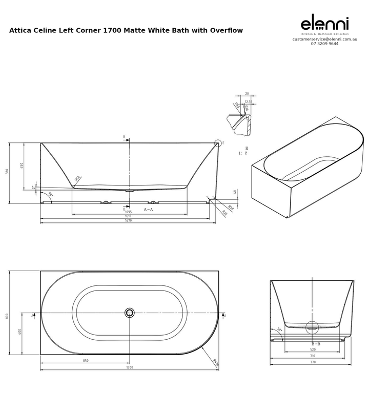 Specification diagram - Attica Celine Left Corner 1700 Matte White Bath with Overflow