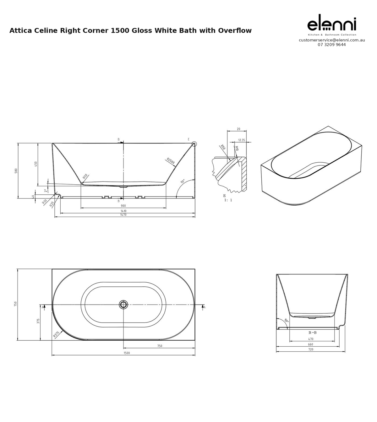 Specification diagram - Attica Celine Right Corner 1500 Gloss White Bath with Overflow