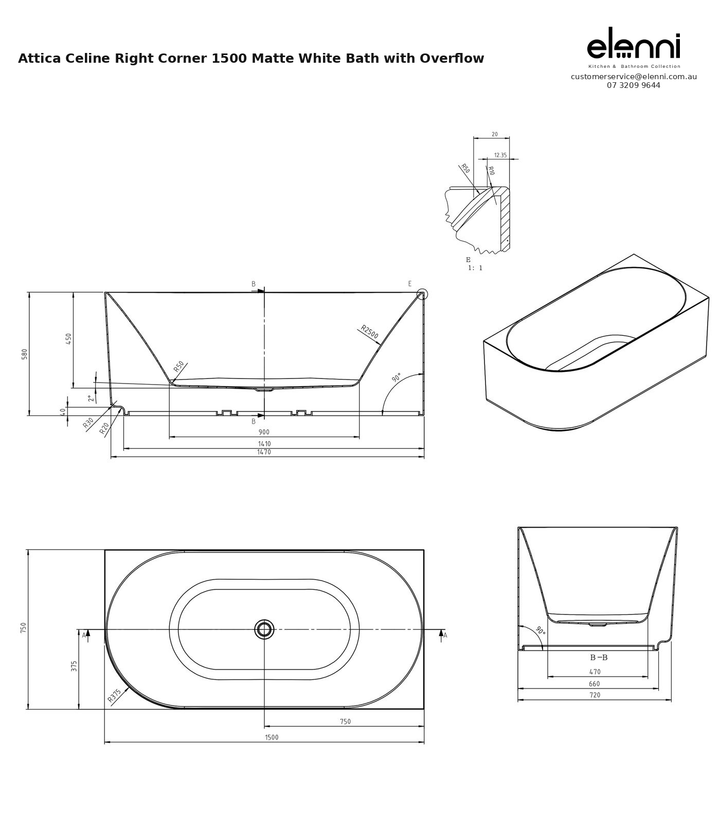Specification diagram - Attica Celine Right Corner 1500 Matte White Bath with Overflow