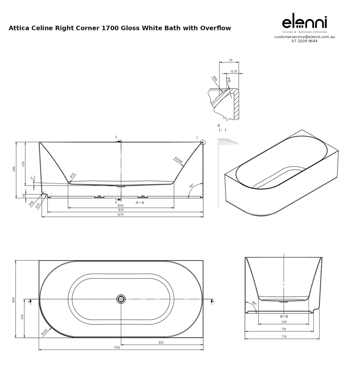 Specification diagram - Attica Celine Right Corner 1700 Gloss White Bath with Overflow