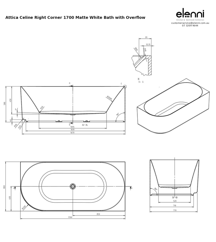 Specification diagram - Attica Celine Right Corner 1700 Matte White Bath with Overflow