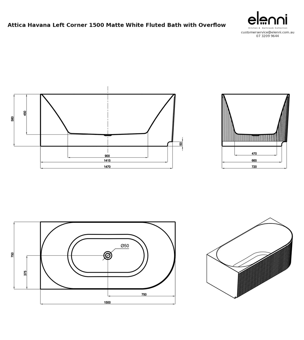 Specification diagram - Attica Havana Left Corner 1500 Matte White Fluted Bath with Overflow