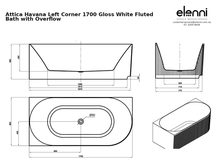 Attica Havana Left Corner 1700 Gloss White Fluted Bath with Overflow — specification sheet (Elenni)