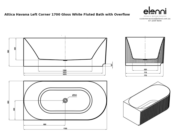 Specification diagram - Attica Havana Left Corner 1700 Gloss White Fluted Bath with Overflow