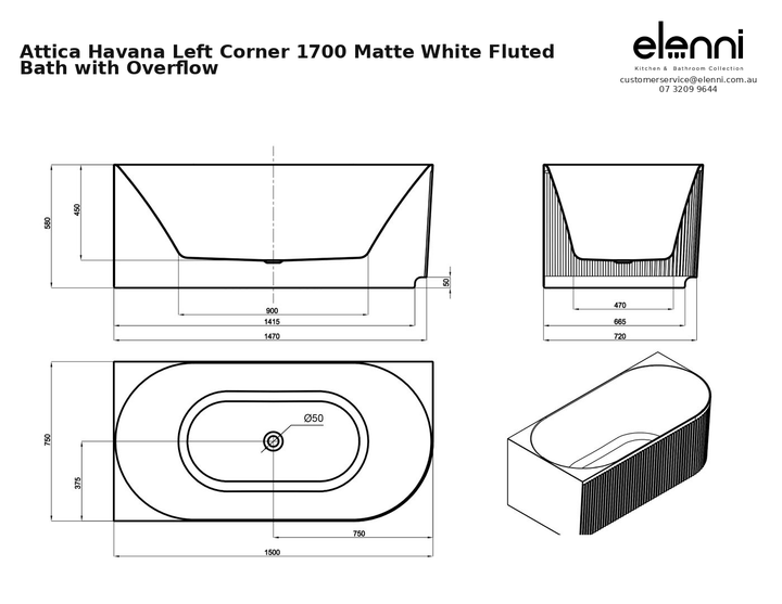 Attica Havana Left Corner 1700 Matte White Fluted Bath with Overflow — specification sheet (Elenni)