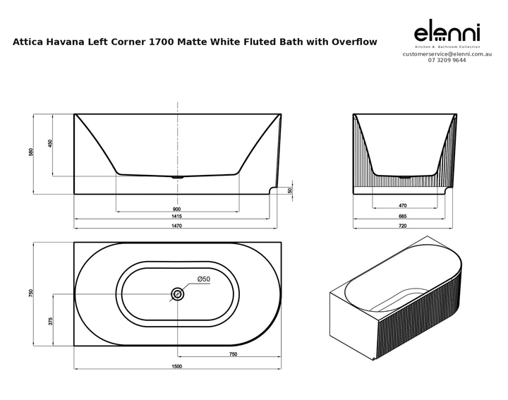 Specification diagram - Attica Havana Left Corner 1700 Matte White Fluted Bath with Overflow