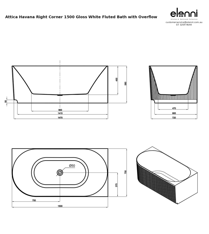 Specification diagram - Attica Havana Right Corner 1500 Gloss White Fluted Bath with Overflow