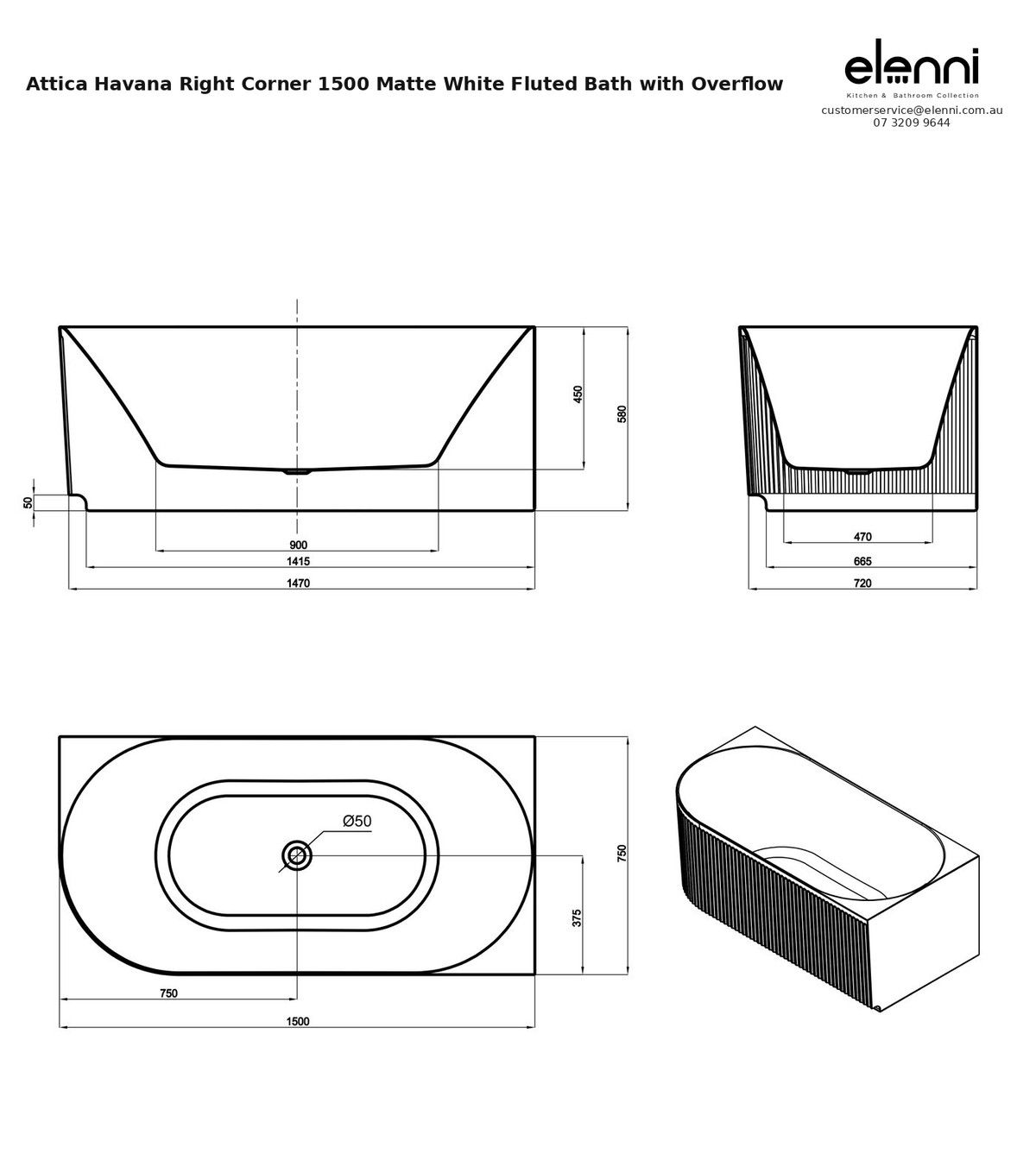 Specification diagram - Attica Havana Right Corner 1500 Matte White Fluted Bath with Overflow