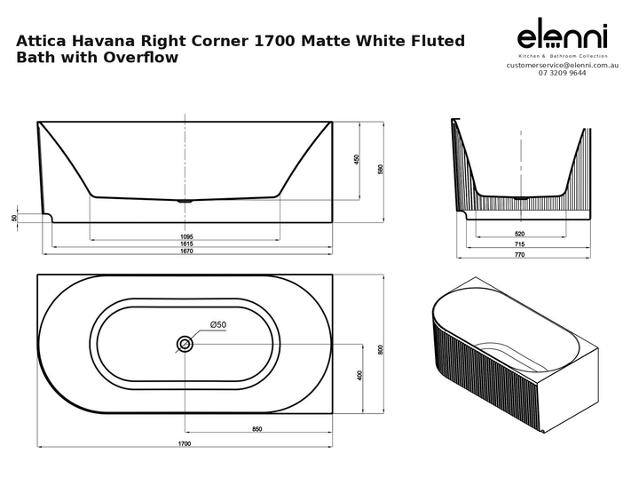 Attica Havana Right Corner 1700 Matte White Fluted Bath with Overflow — specification sheet (Elenni)