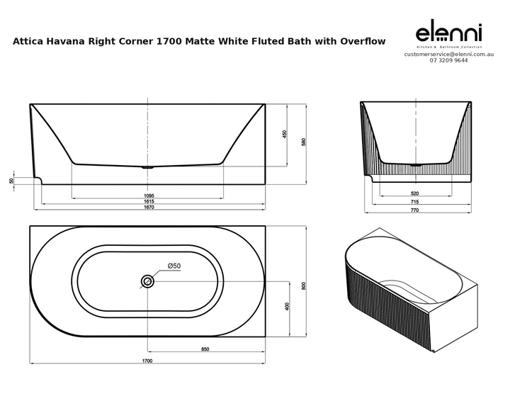 Specification diagram - Attica Havana Right Corner 1700 Matte White Fluted Bath with Overflow