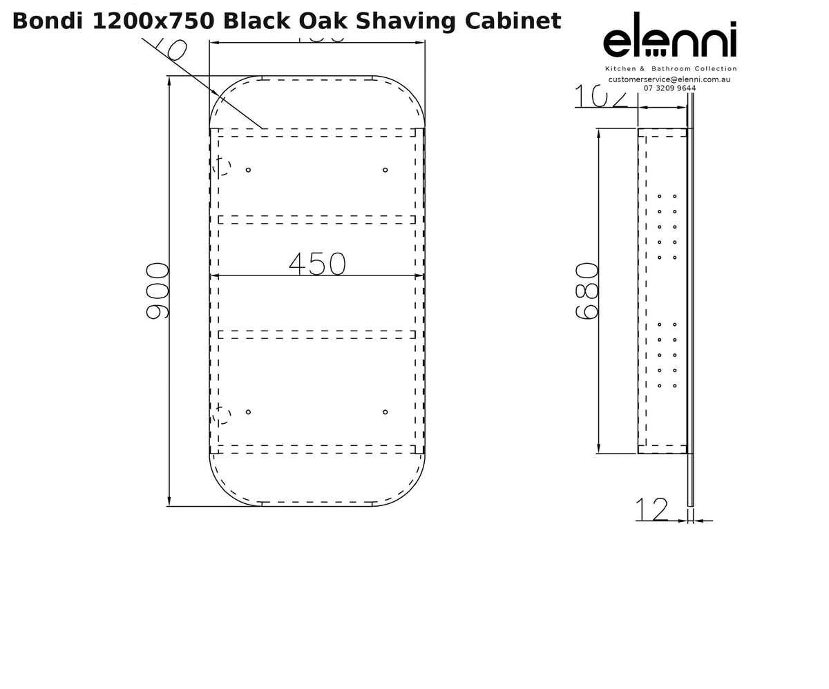 Elenni specification sheet - Bondi 1200x750 Black Oak Shaving Cabinet