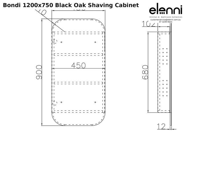 Elenni specification sheet - Bondi 1200x750 Black Oak Shaving Cabinet
