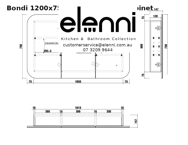 Elenni specification sheet - Bondi 1200x750 White Shaving Cabinet