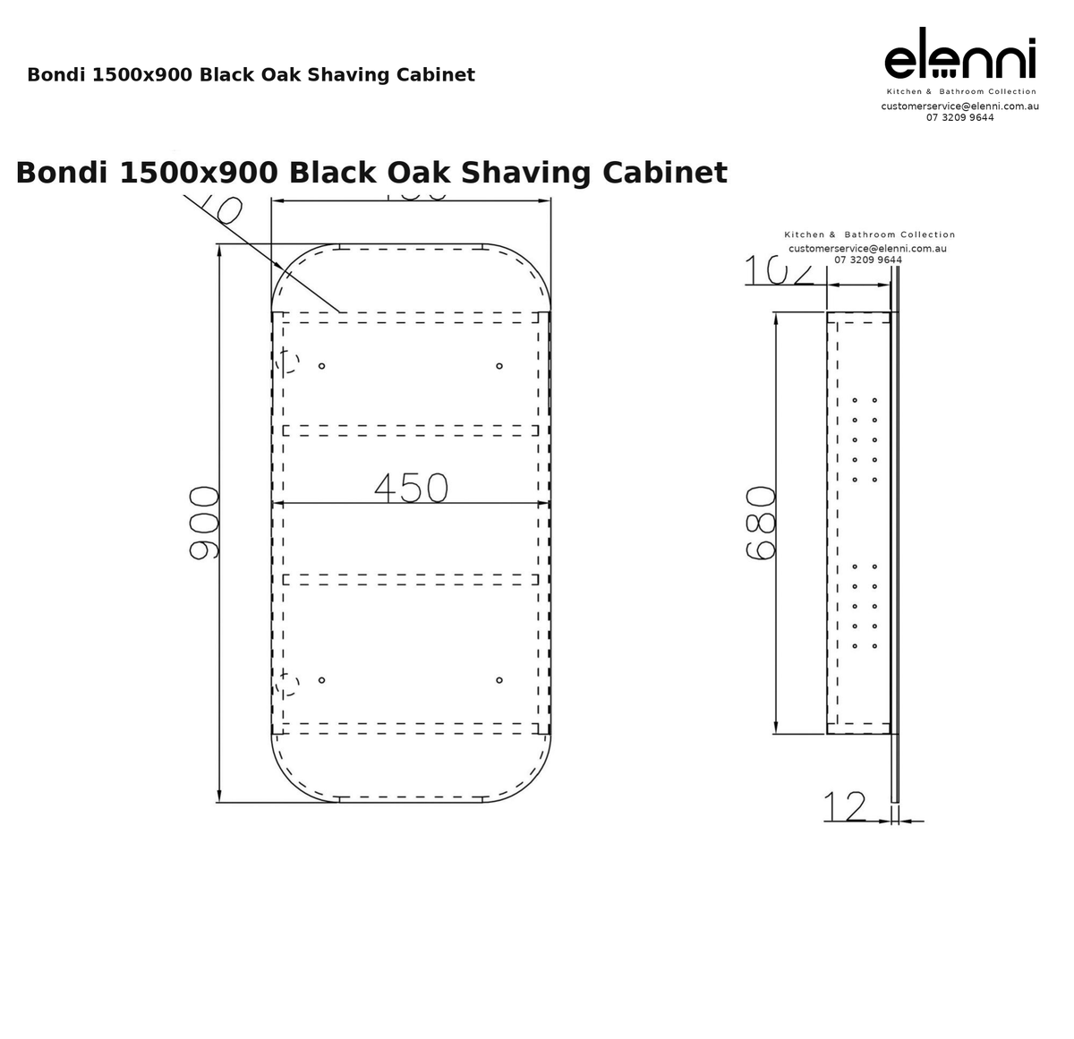 Bondi 1500x900 Black Oak Shaving Cabinet — specification sheet (Elenni)