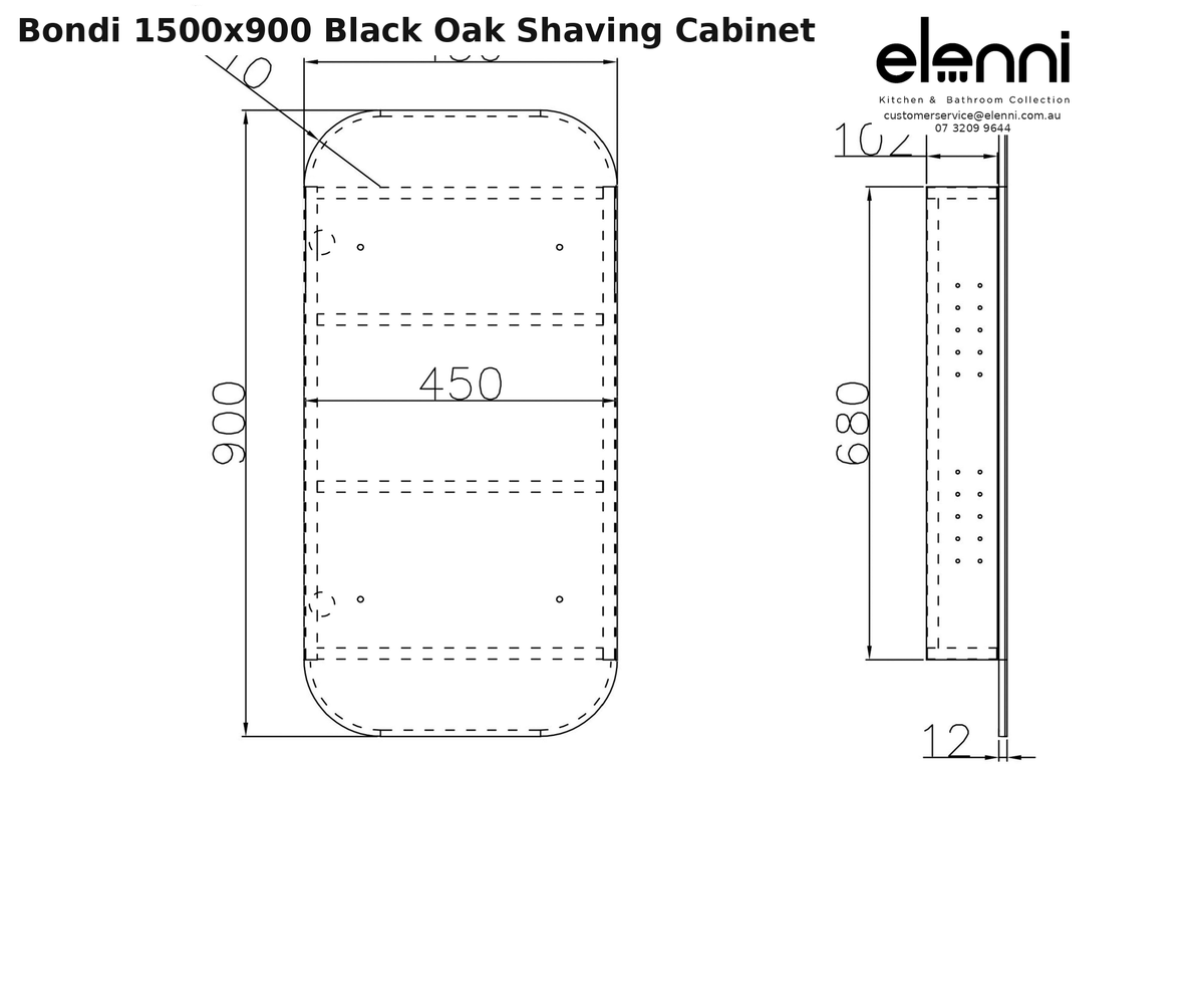 Elenni specification sheet - Bondi 1500x900 Black Oak Shaving Cabinet