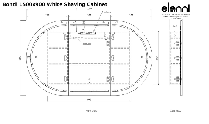 Elenni specification sheet - Bondi 1500x900 White Shaving Cabinet
