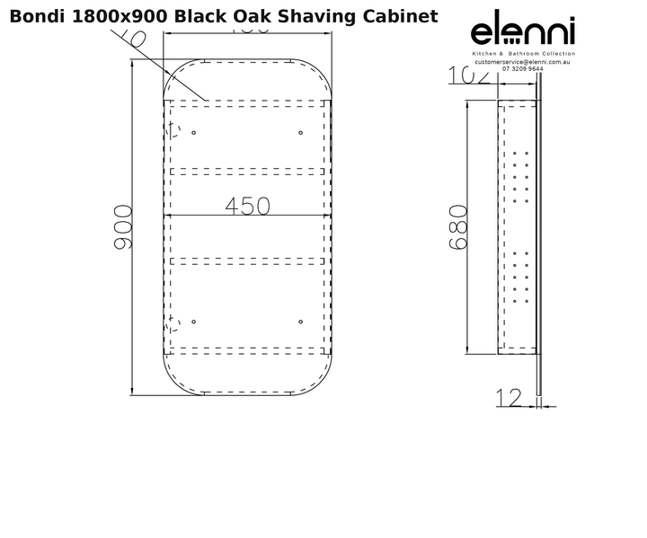 Elenni specification sheet - Bondi 1800x900 Black Oak Shaving Cabinet