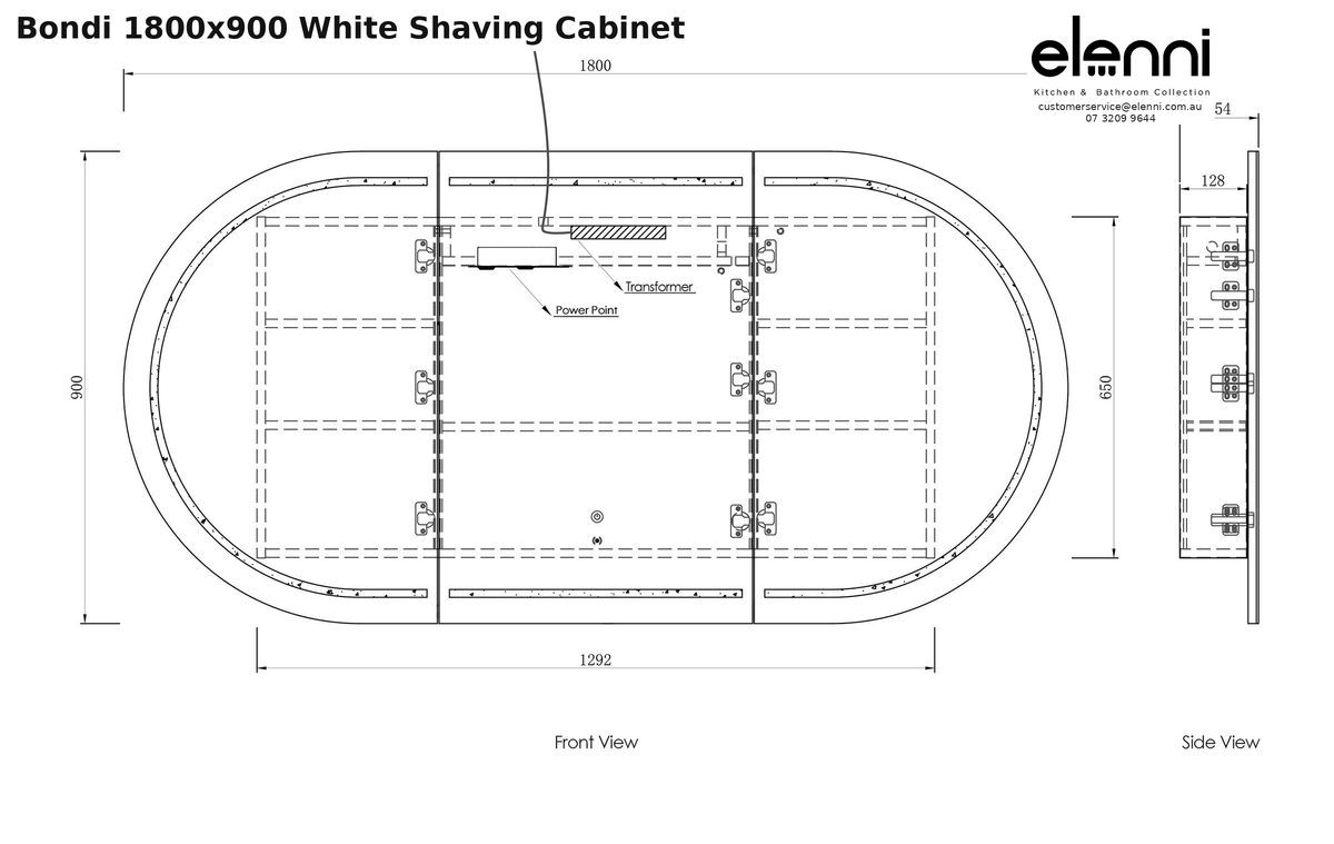 Elenni specification sheet - Bondi 1800x900 White Shaving Cabinet