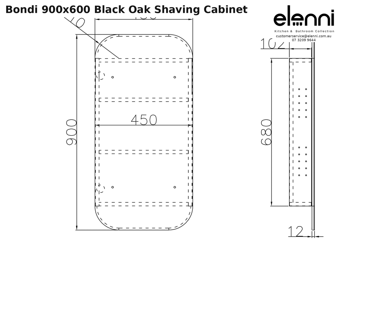 Elenni specification sheet - Bondi 900x600 Black Oak Shaving Cabinet