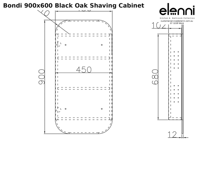 Elenni specification sheet - Bondi 900x600 Black Oak Shaving Cabinet
