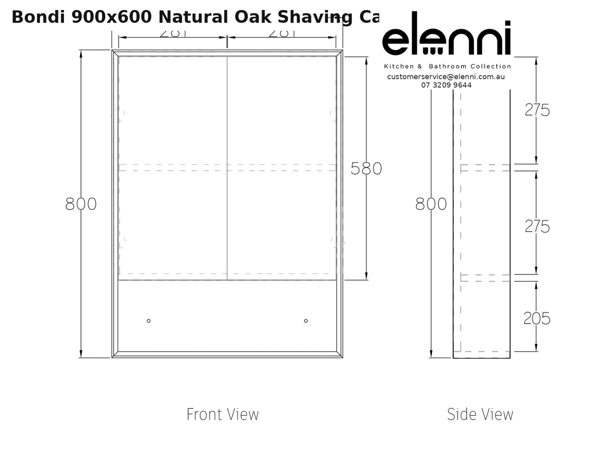Elenni specification sheet - Bondi 900x600 Natural Oak Shaving Cabinet