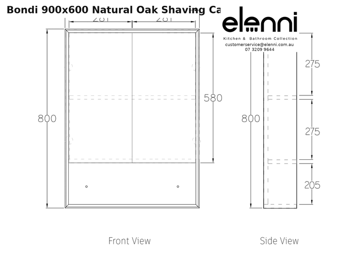 Elenni specification sheet - Bondi 900x600 Natural Oak Shaving Cabinet