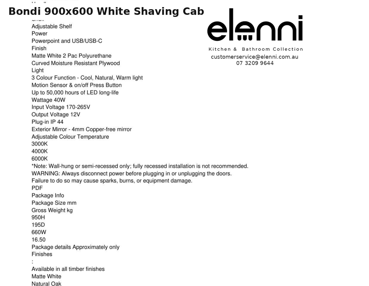Elenni specification sheet - Bondi 900x600 White Shaving Cabinet
