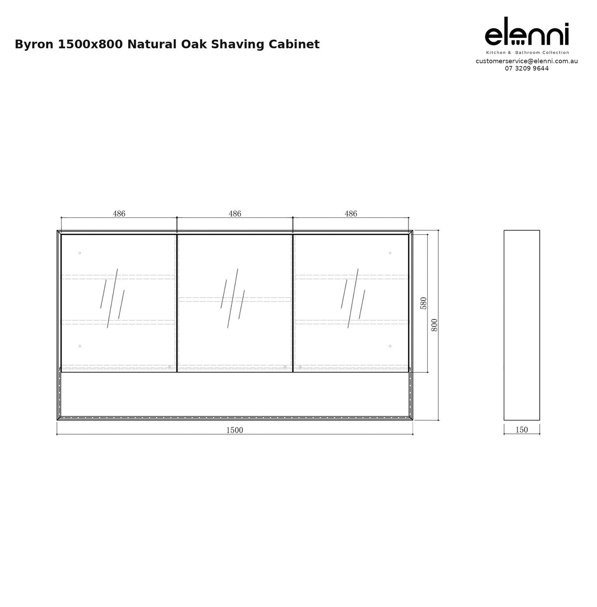Byron 1500x800 Natural Oak Shaving Cabinet — specification sheet (Elenni)