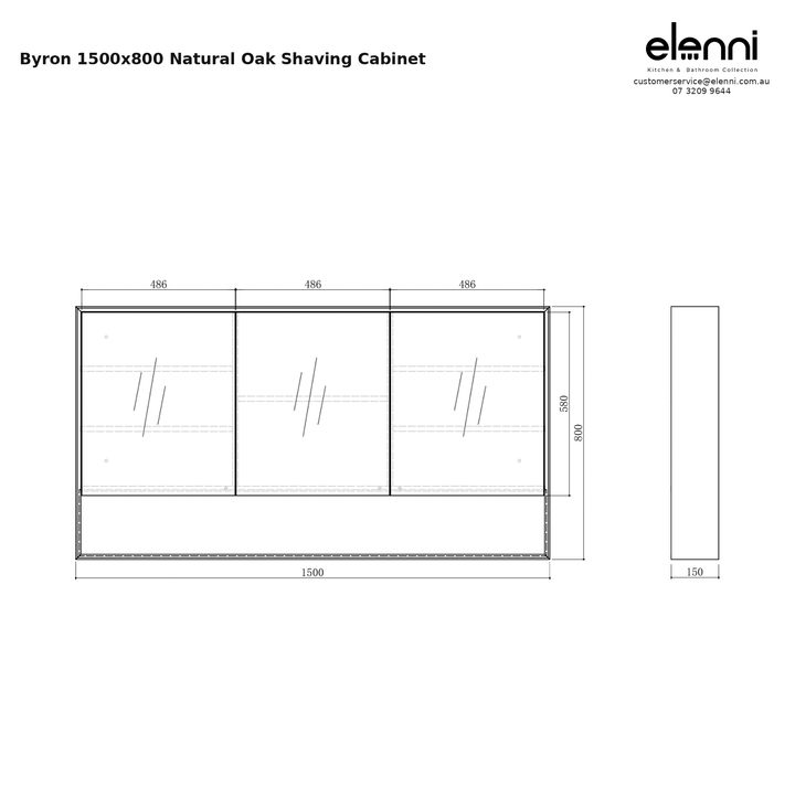 Byron 1500x800 Natural Oak Shaving Cabinet — specification sheet (Elenni)