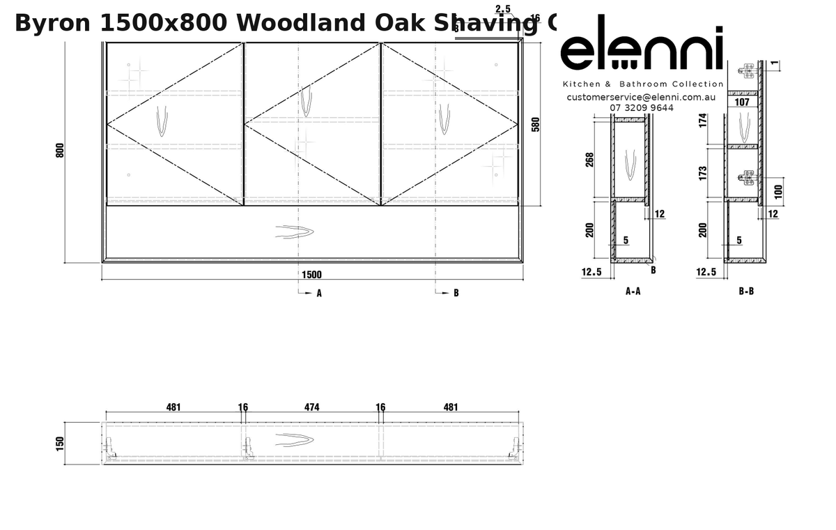 Elenni specification sheet - Byron 1500x800 Woodland Oak Shaving Cabinet