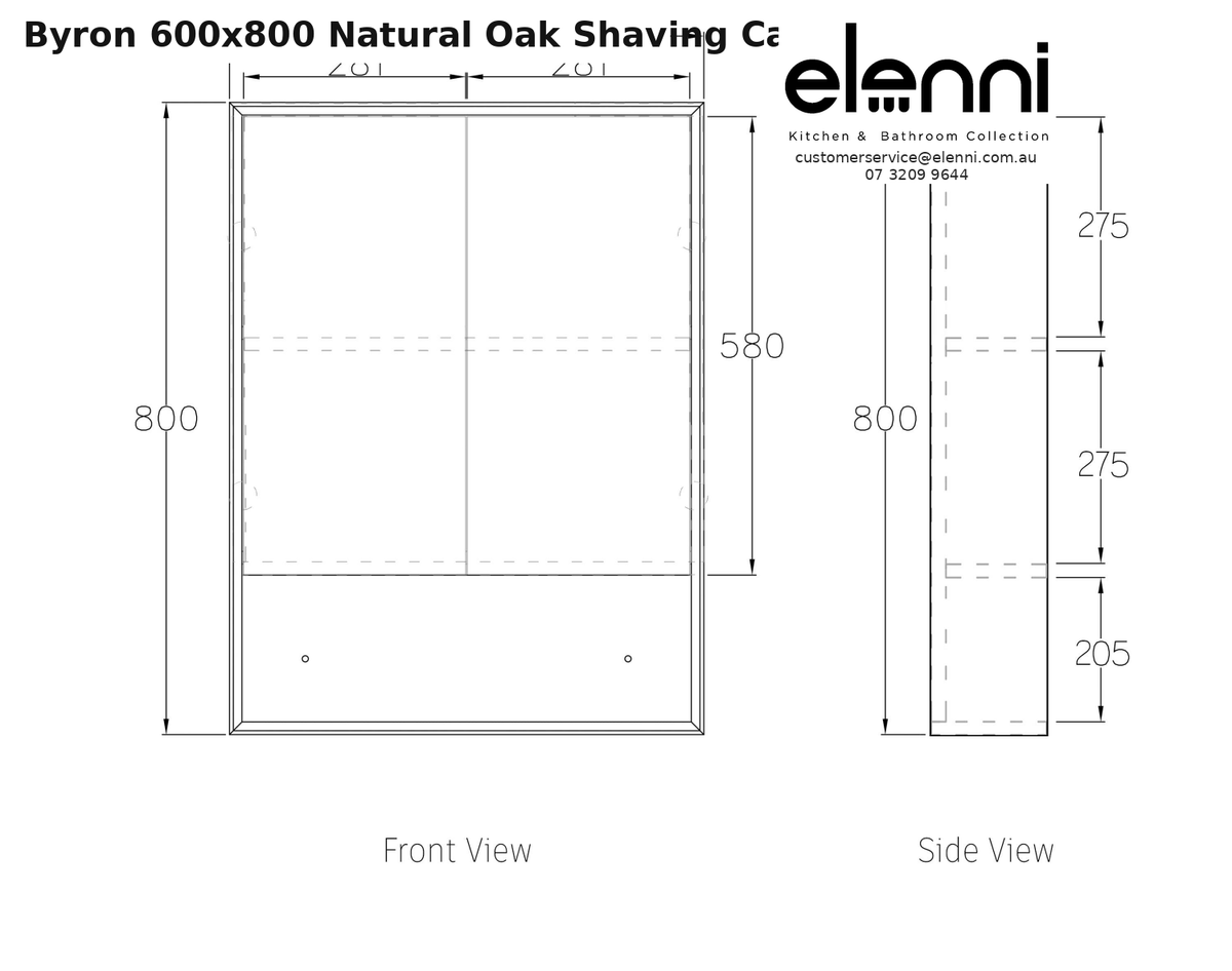 Elenni specification sheet - Byron 600x800 Natural Oak Shaving Cabinet