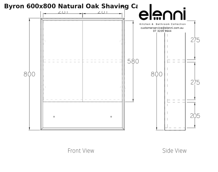 Elenni specification sheet - Byron 600x800 Natural Oak Shaving Cabinet