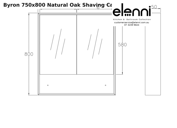 Elenni specification sheet - Byron 750x800 Natural Oak Shaving Cabinet